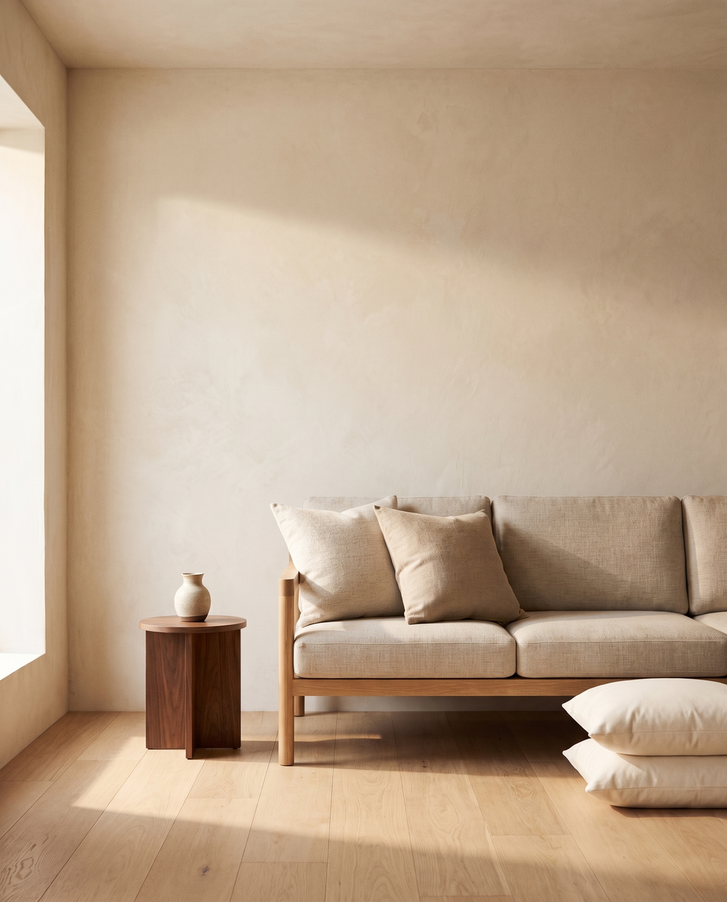 Pillow inserts filling covers on a three-seat sofa