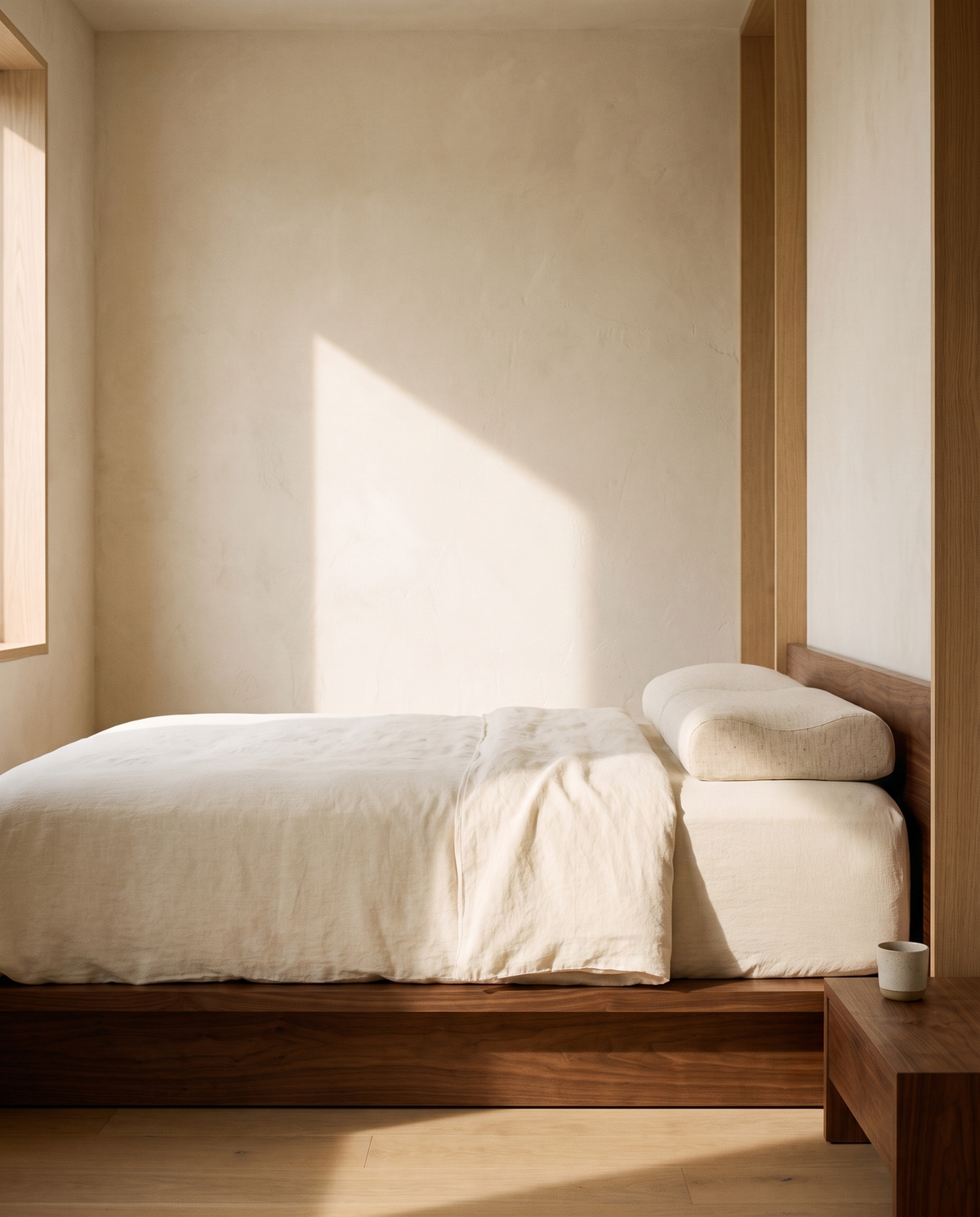 Oatmeal contour pillow on a walnut bed