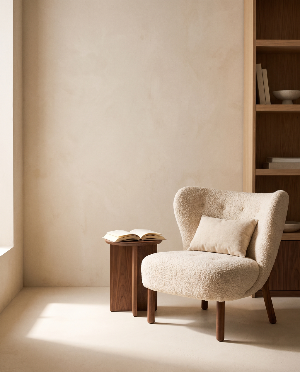 Sobakawa pillow on a bouclé reading chair
