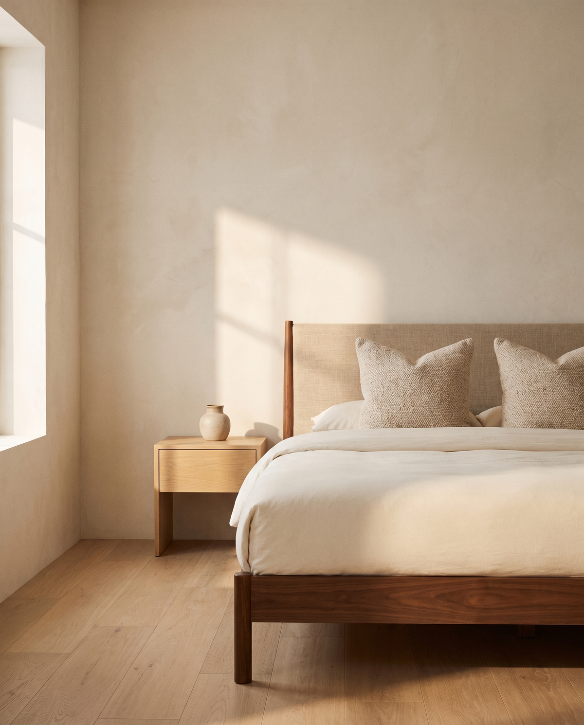 Pair of bouclé pillows on a walnut bed