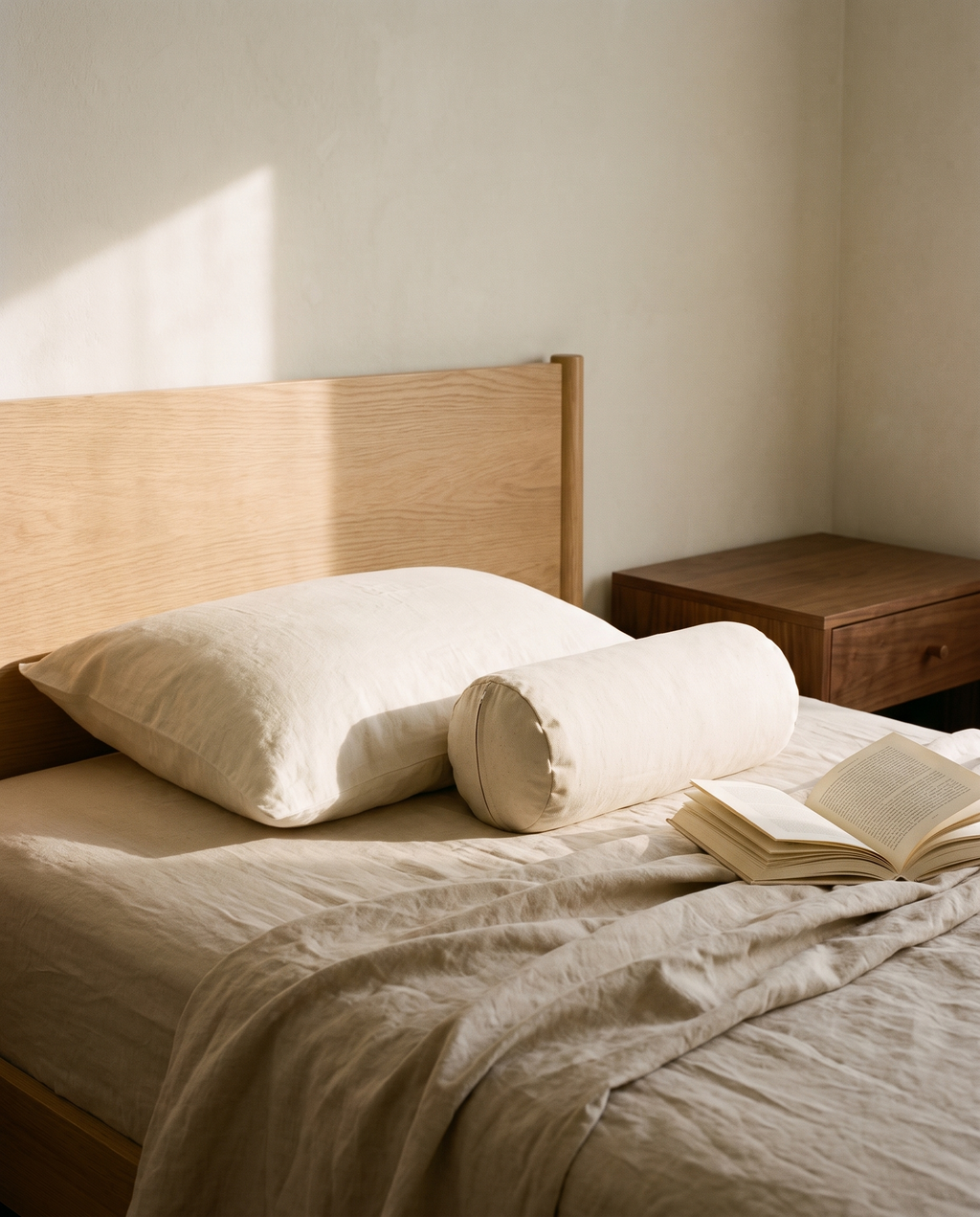 Buckwheat neck roll on a made bed