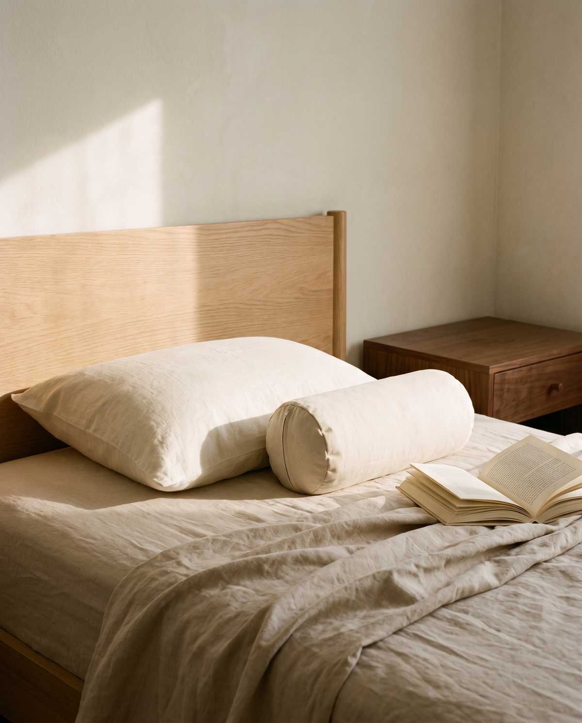 Buckwheat neck roll on a made bed