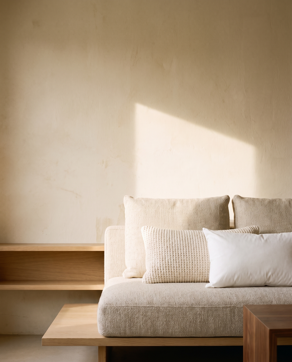 Lumbar insert in a cream cover on a sofa