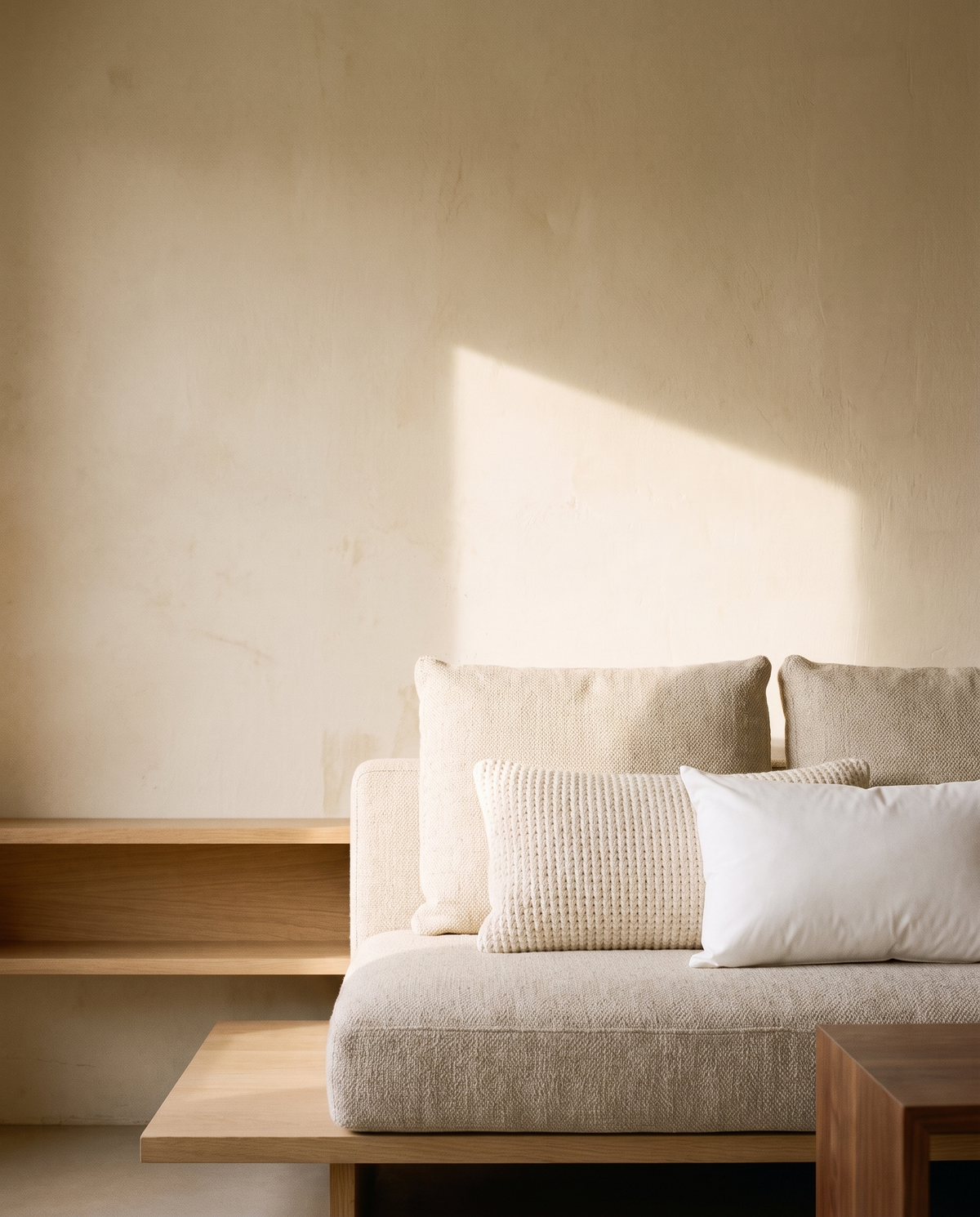 Lumbar insert in a cream cover on a sofa