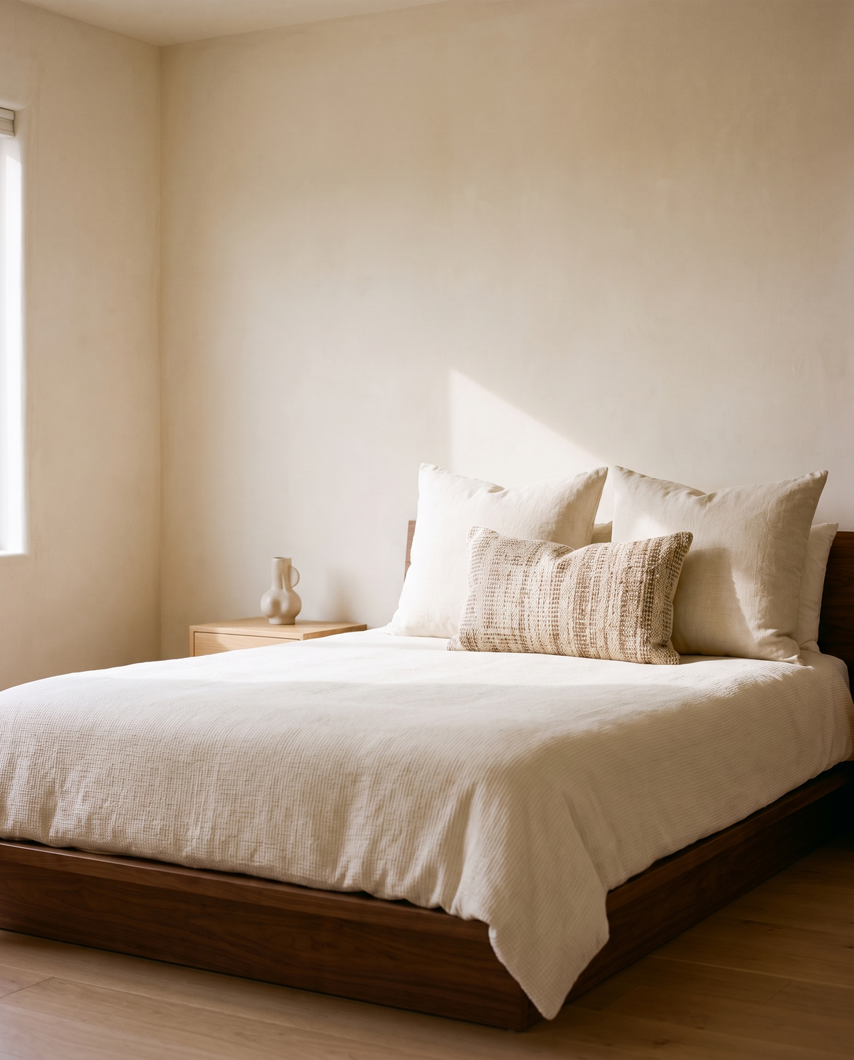 Textured lumbar pillow on a made bed