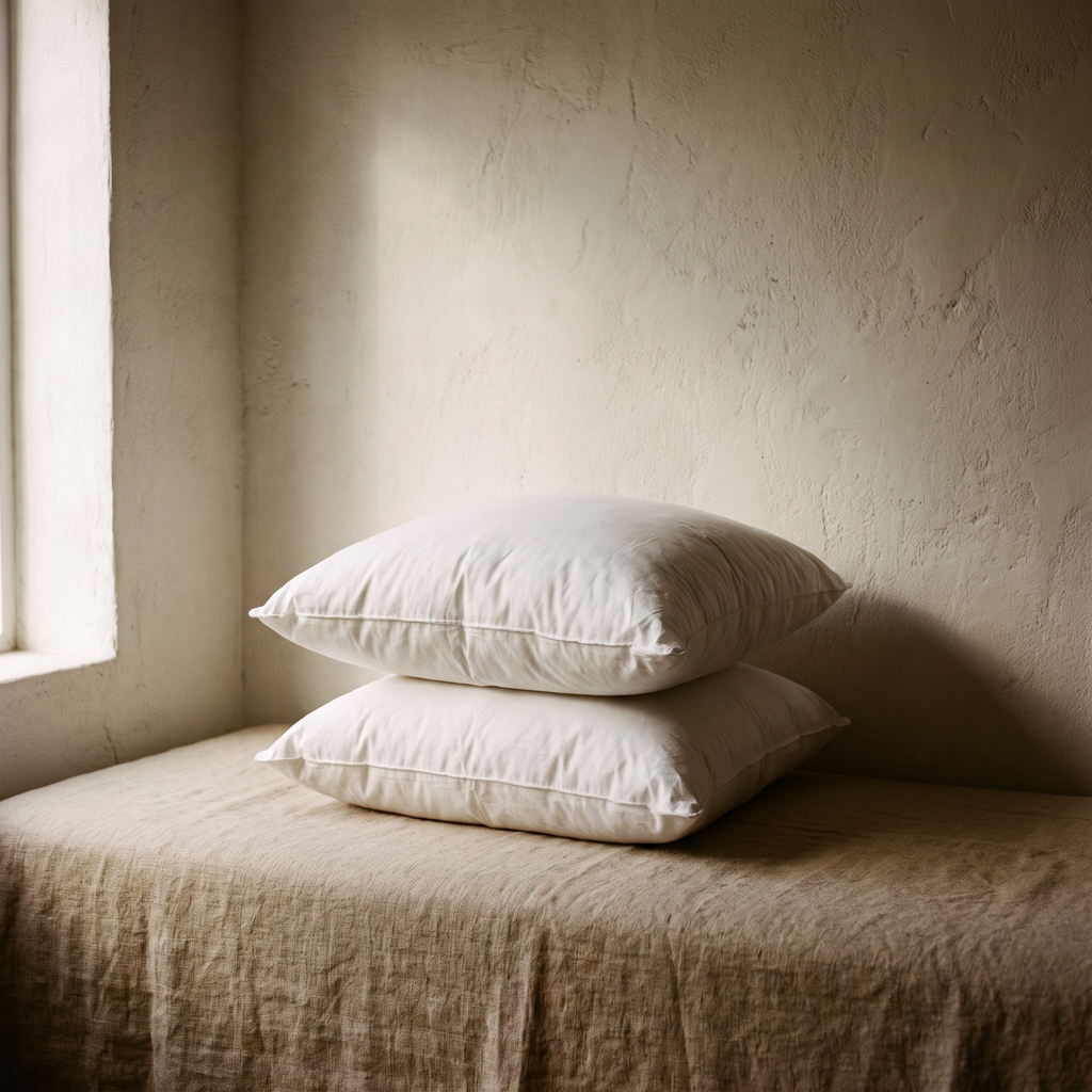 Two plump white 20x20 pillow inserts, stacked