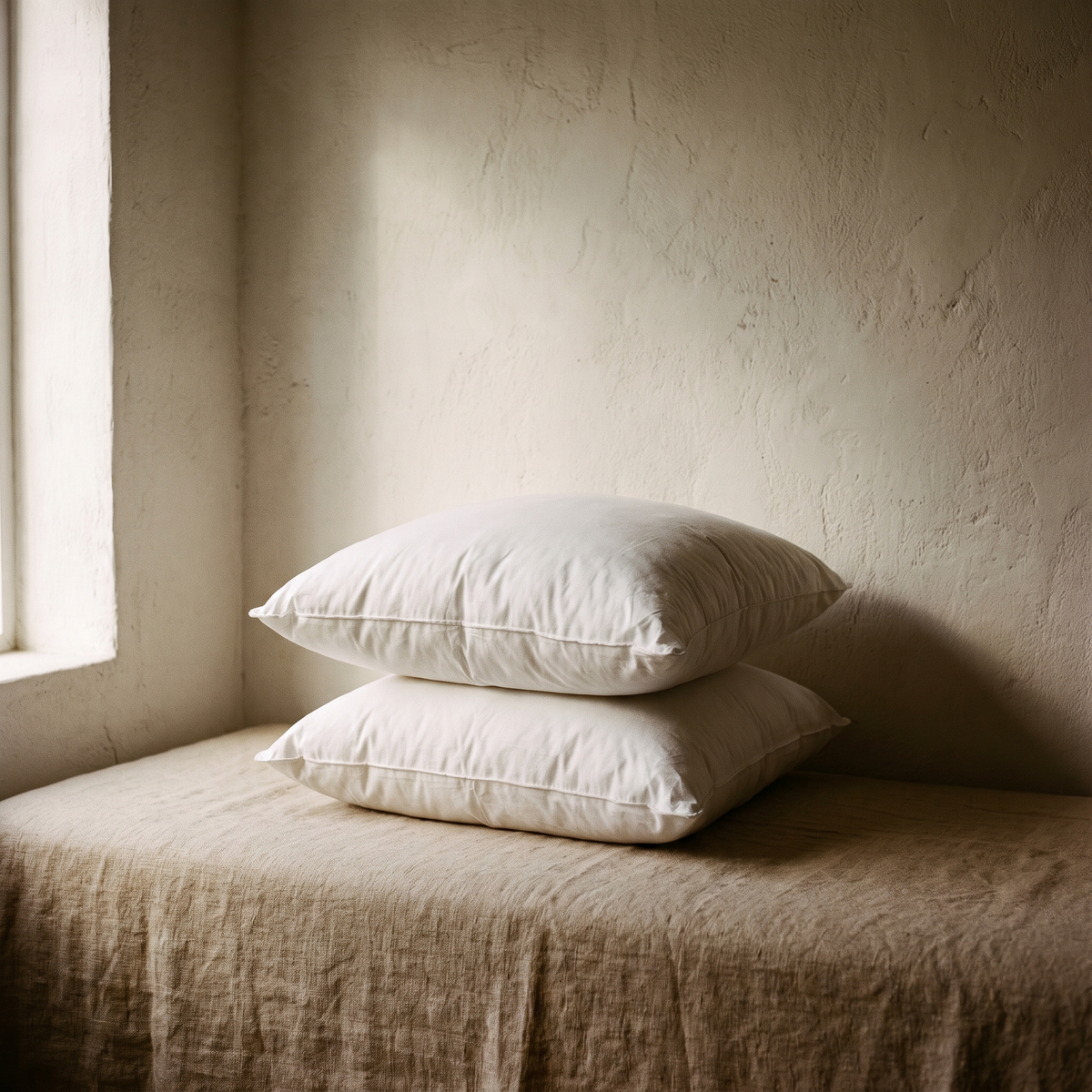 Two plump white 20x20 pillow inserts, stacked
