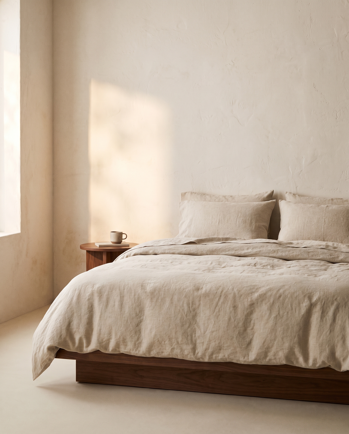 Washed cotton duvet cover set on a walnut platform bed