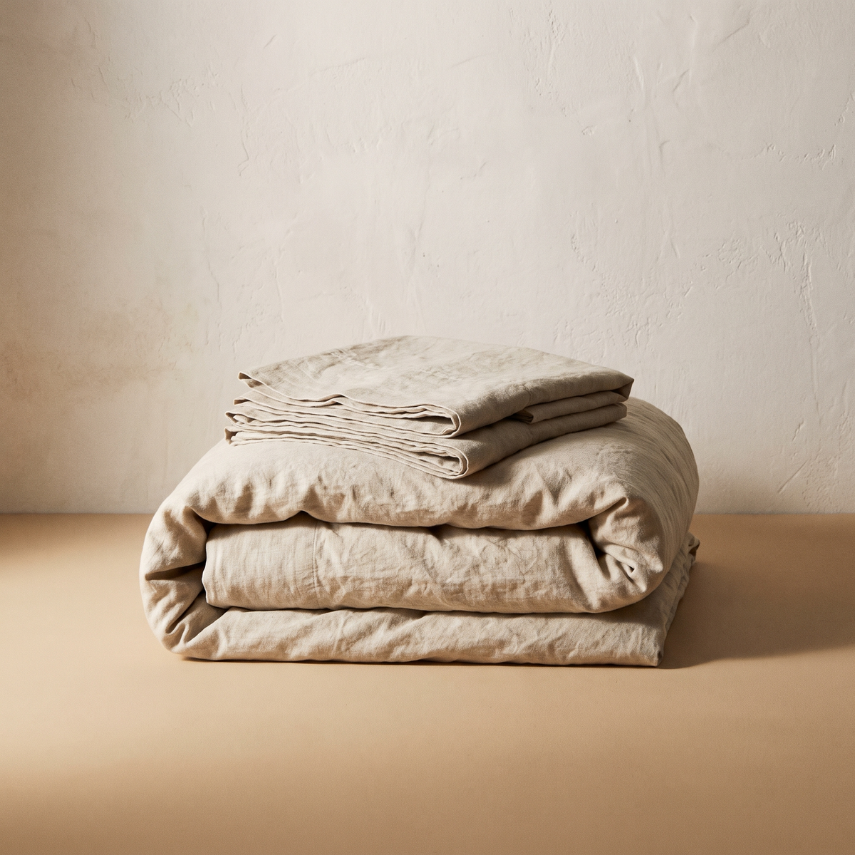 Oatmeal washed cotton duvet cover set, folded