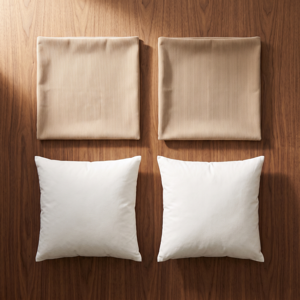 Two beige corduroy 18x18 pillow covers and two white pillow inserts, flat lay on walnut
