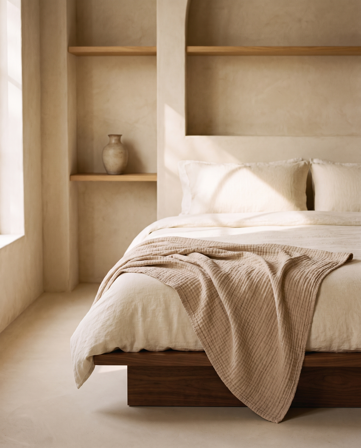 Gauze throw across the foot of a walnut bed