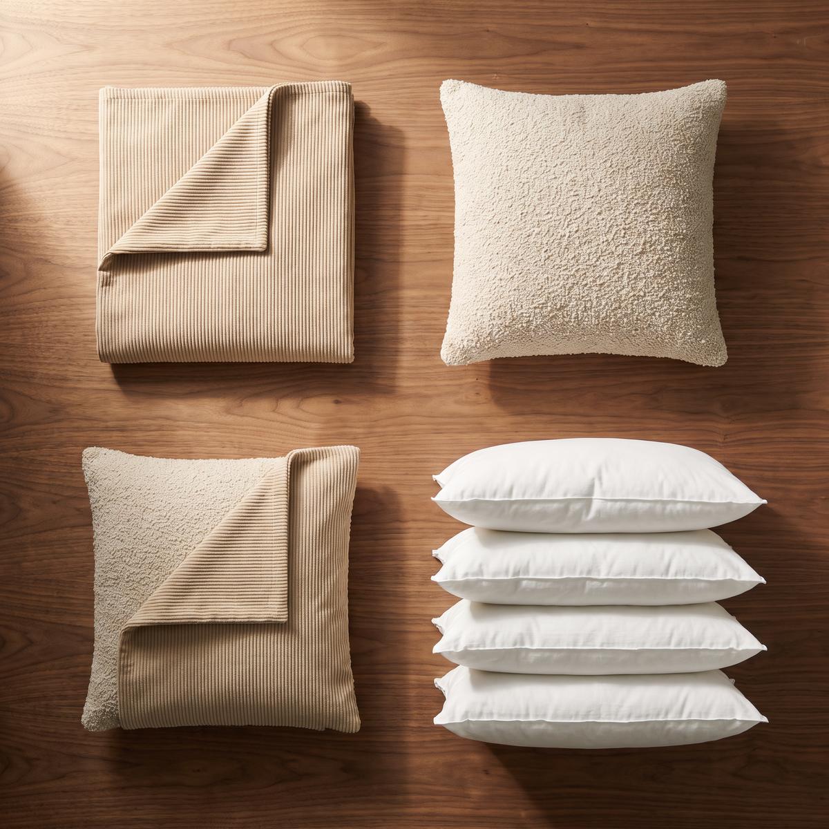 Corduroy and bouclé pillow cover pairs with four pillow inserts, flat lay