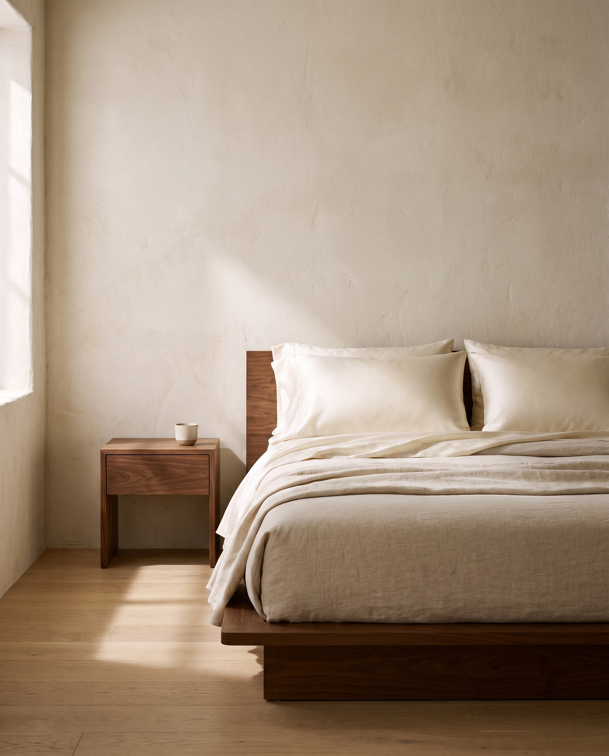 Ivory silk pillowcases on a made bed