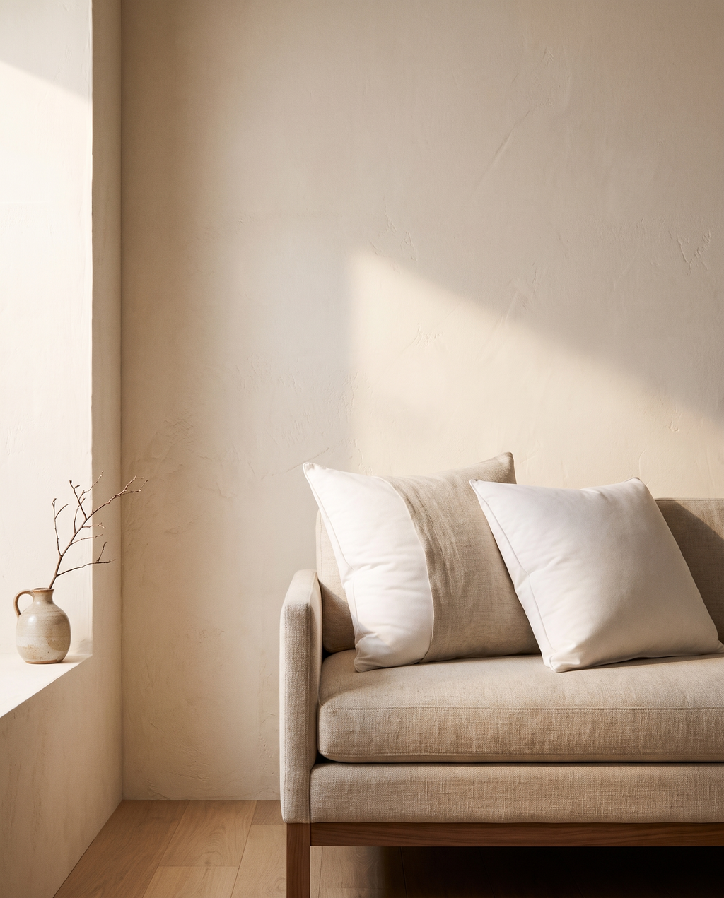 18x18 pillow insert inside a linen cover on a sofa
