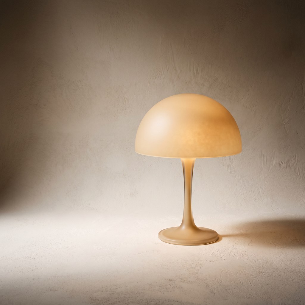 Glass mushroom table lamp, lit