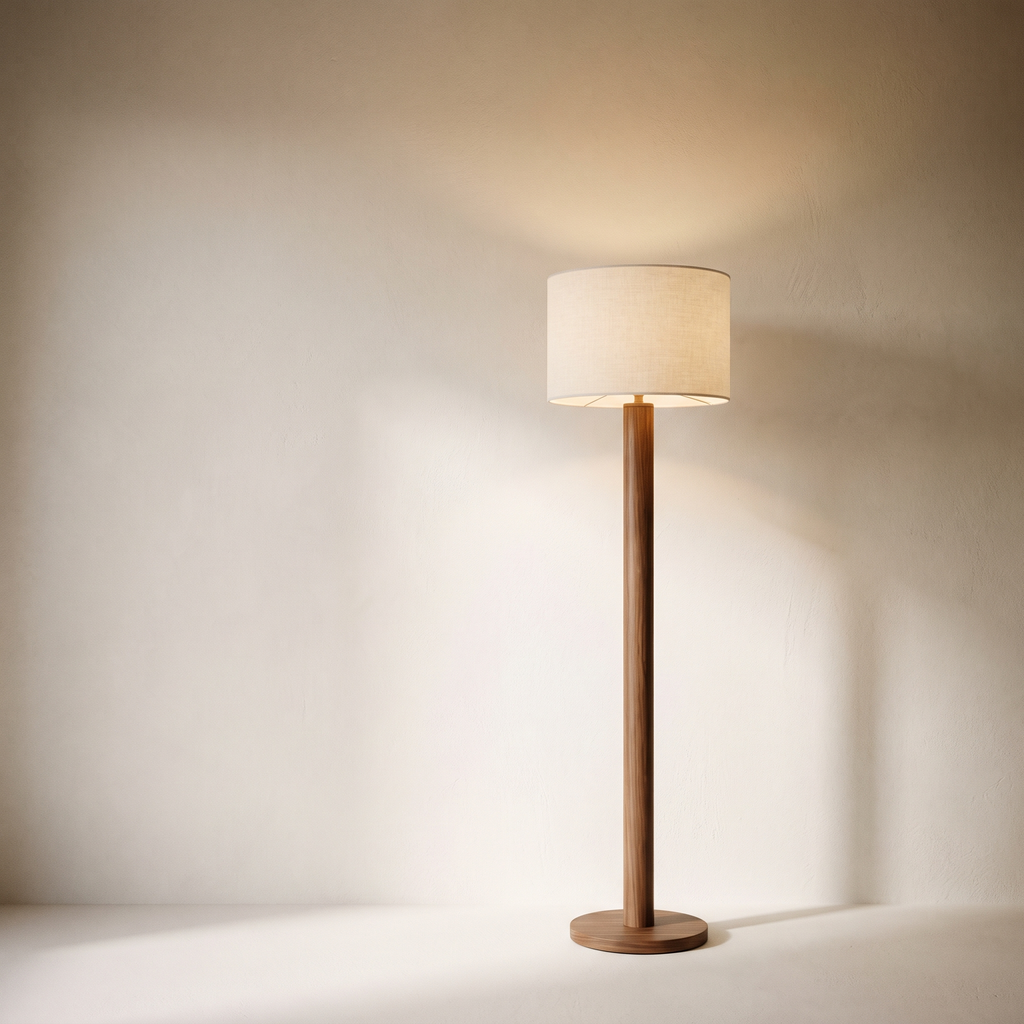 Walnut-tone floor lamp with linen-look drum shade
