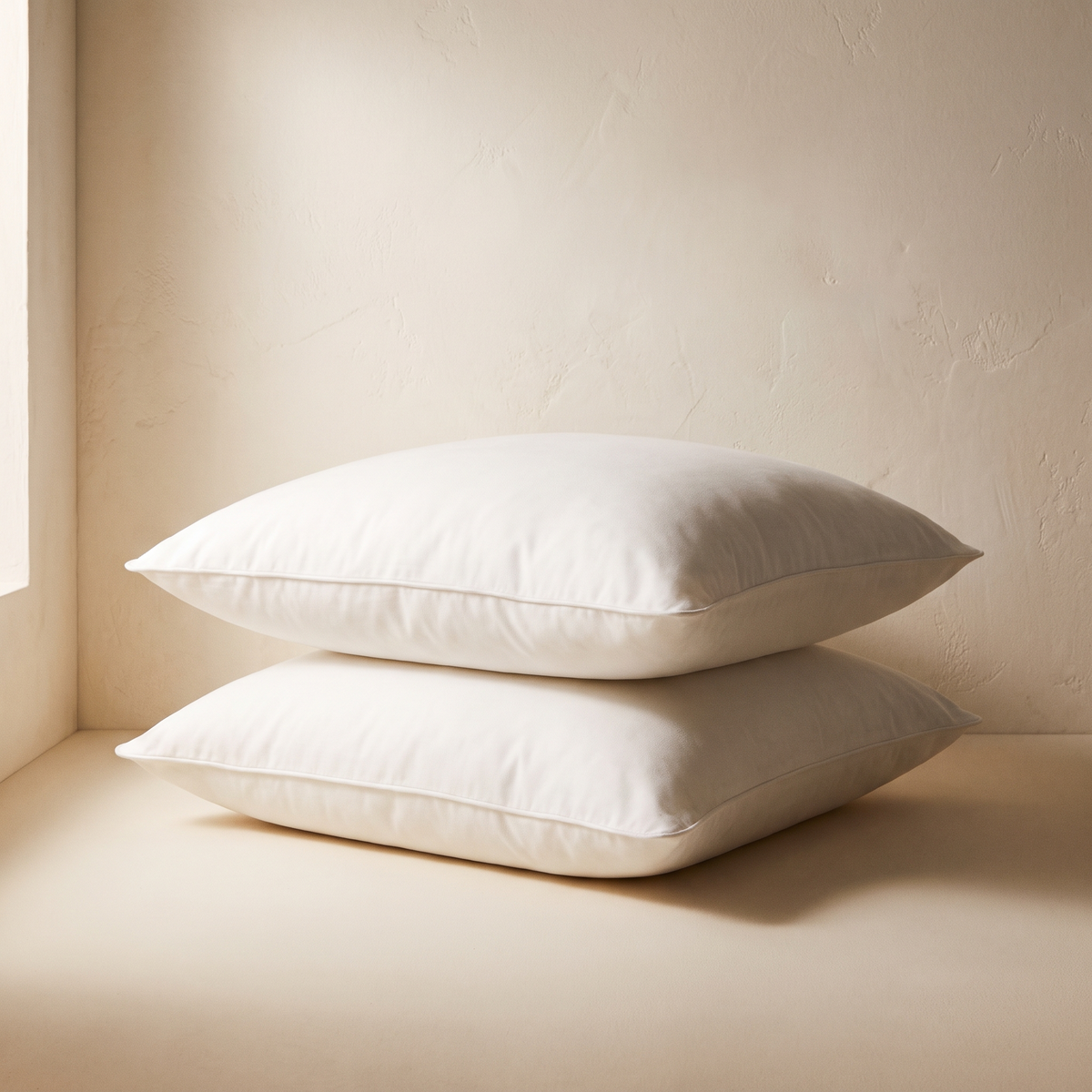 Two white 18x18 pillow inserts, stacked