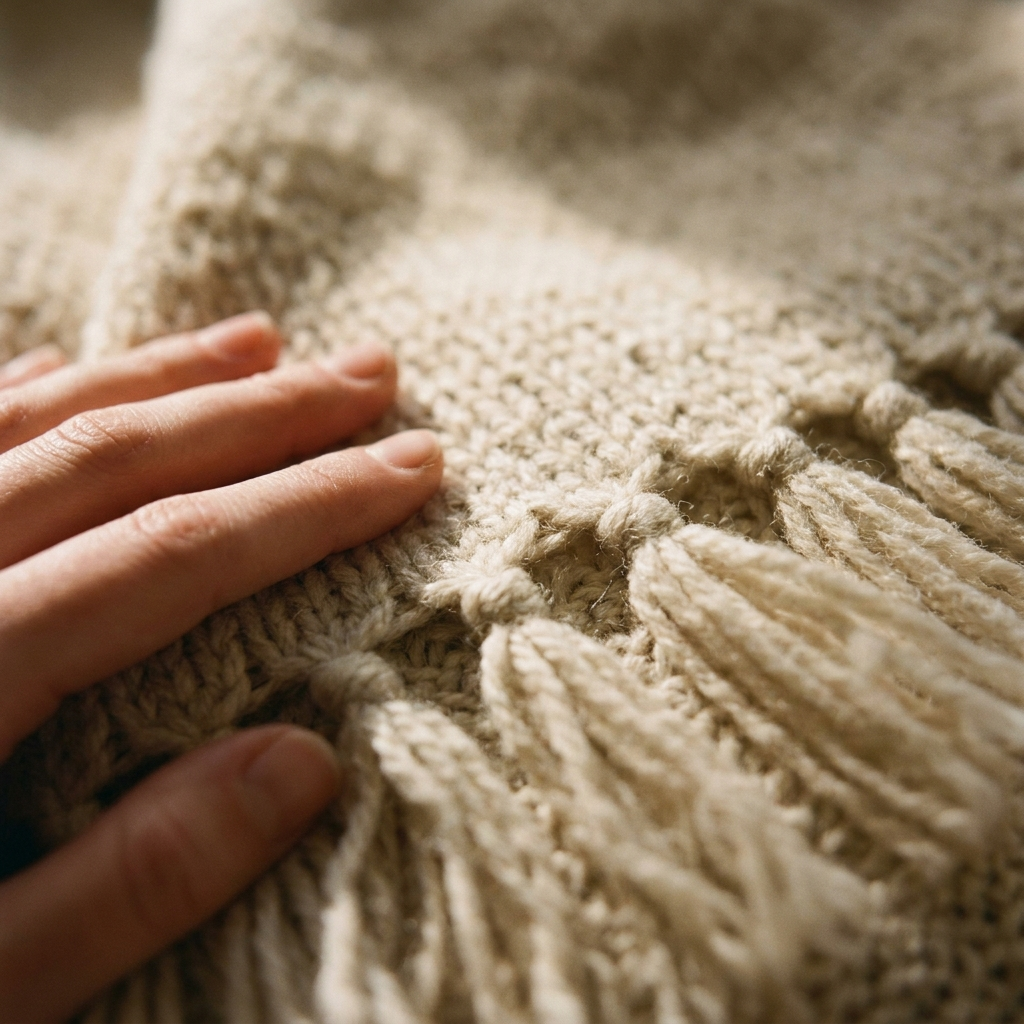 Cream Textured Knit Throw Blanket with Tassels – texture close-up