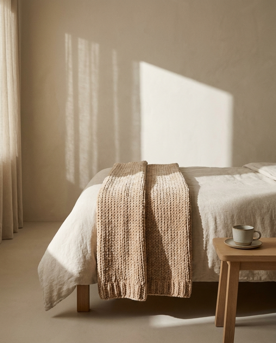 Hand-Knit Chunky Chenille Throw Blanket – in a living room