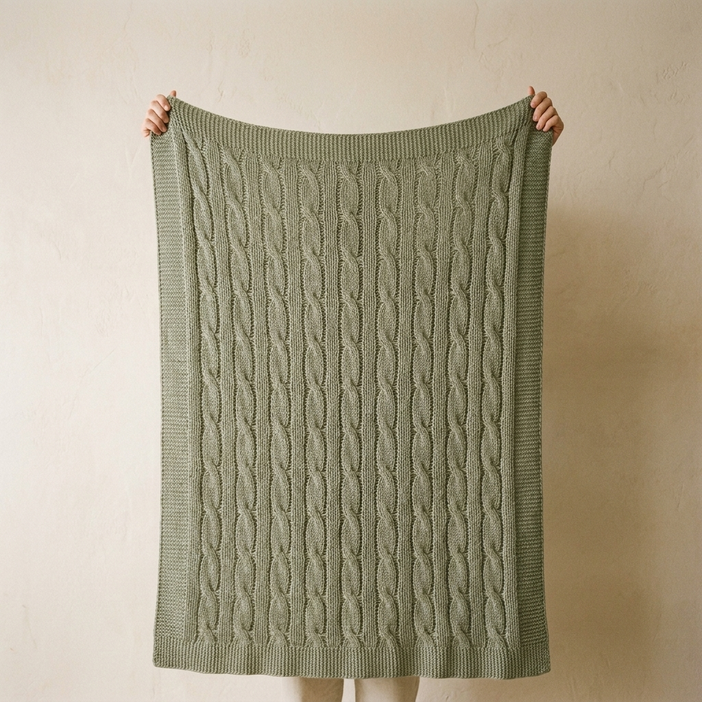 Sage Green Cable Knit Throw Blanket – held up to show full size