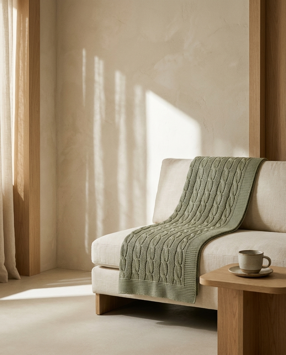 Sage Green Cable Knit Throw Blanket – in a living room