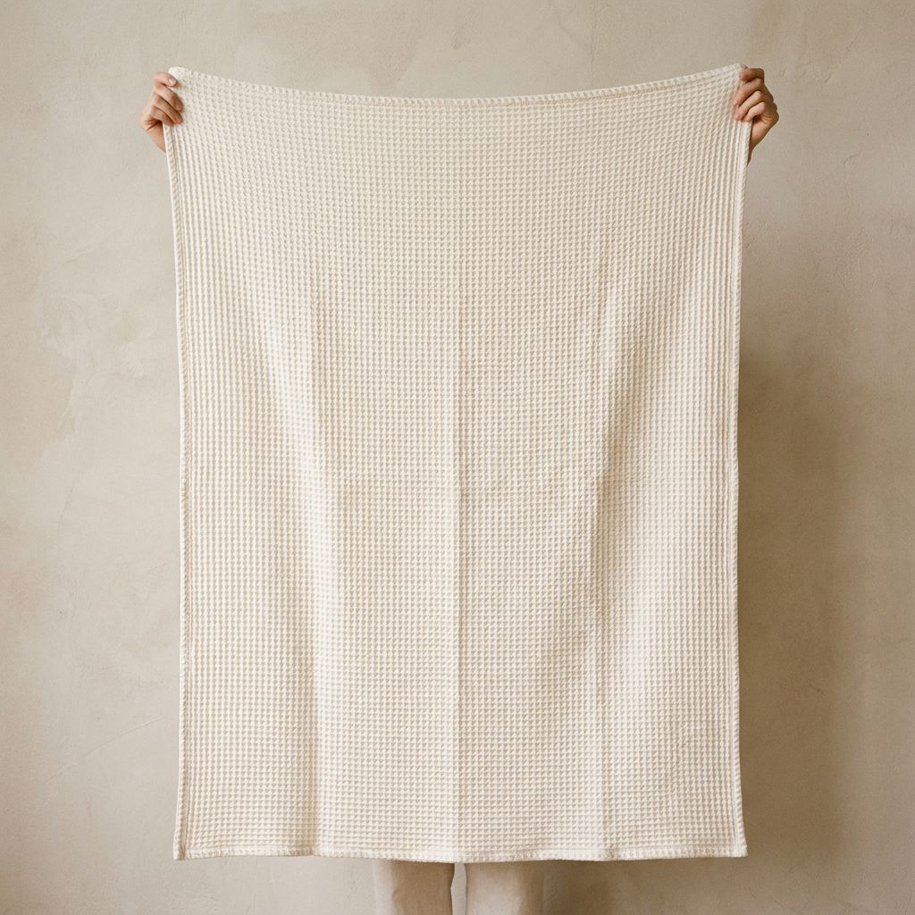 Japanese Style Cotton Waffle Throw – held up to show full size