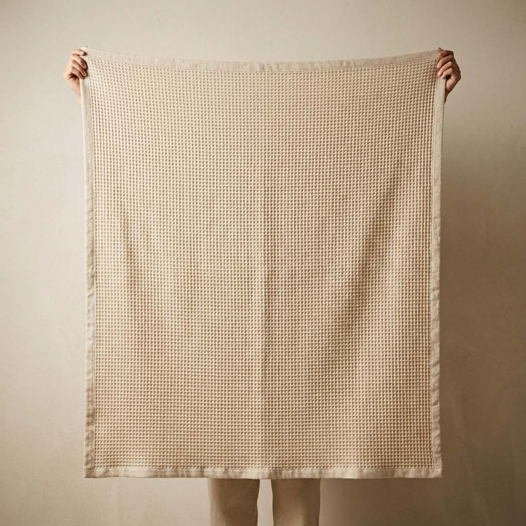 100% Cotton Waffle Jacquard Throw Blanket – held up to show full size