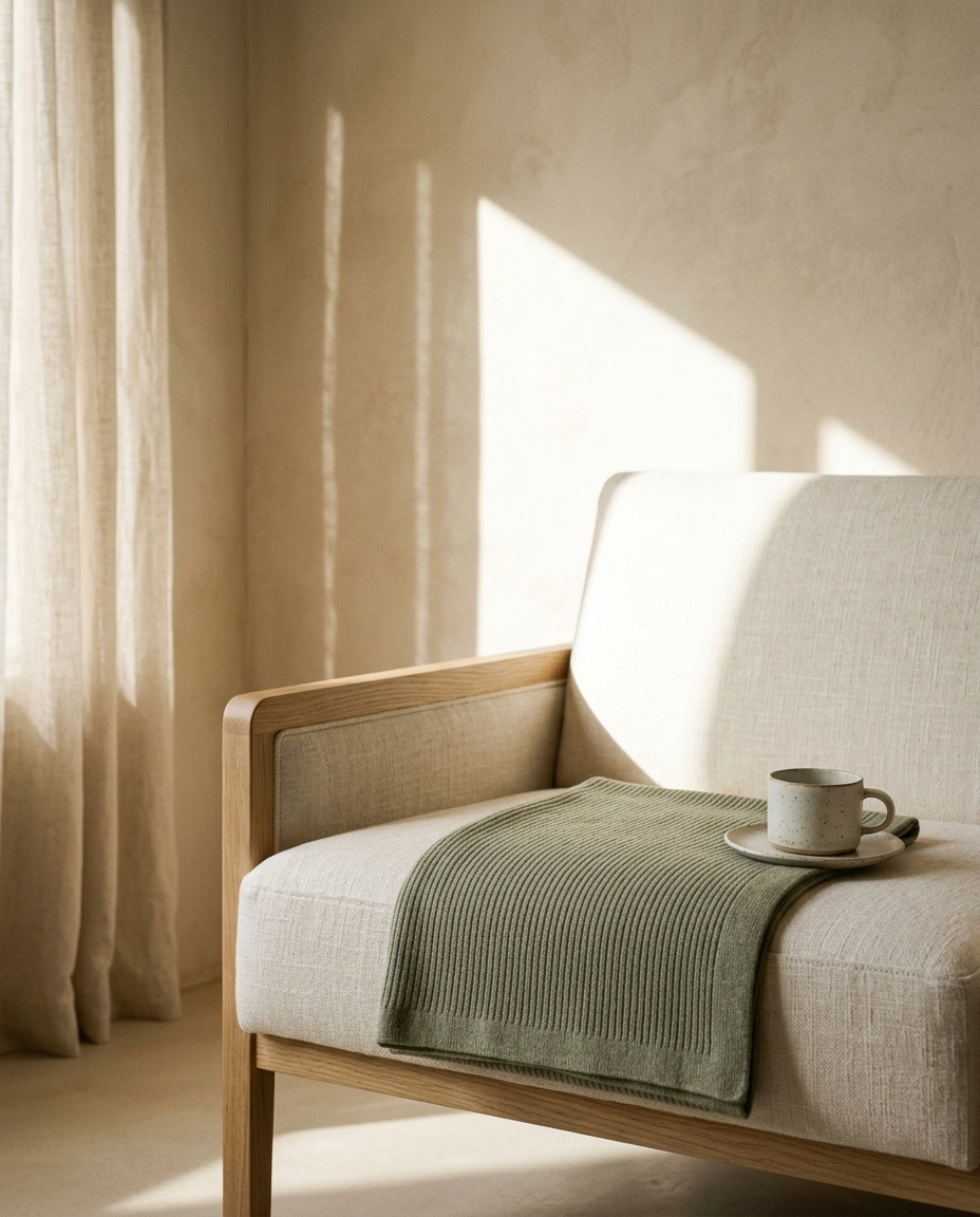 Sage Green Ribbed Throw Blanket – in a living room