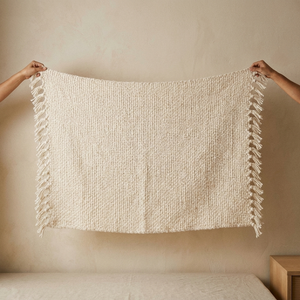 Cream Textured Knit Throw Blanket with Tassels – held up to show full size