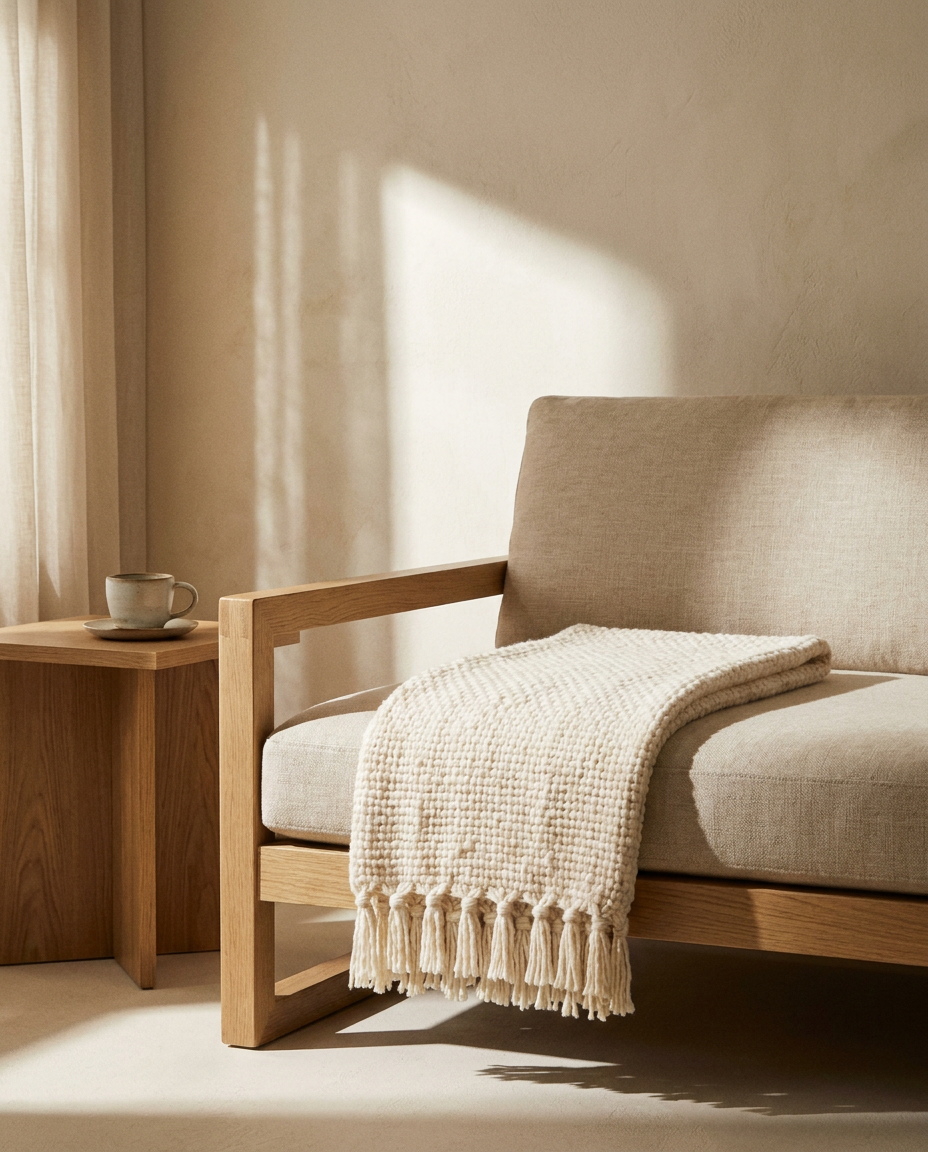 Cream Textured Knit Throw Blanket with Tassels – in a living room