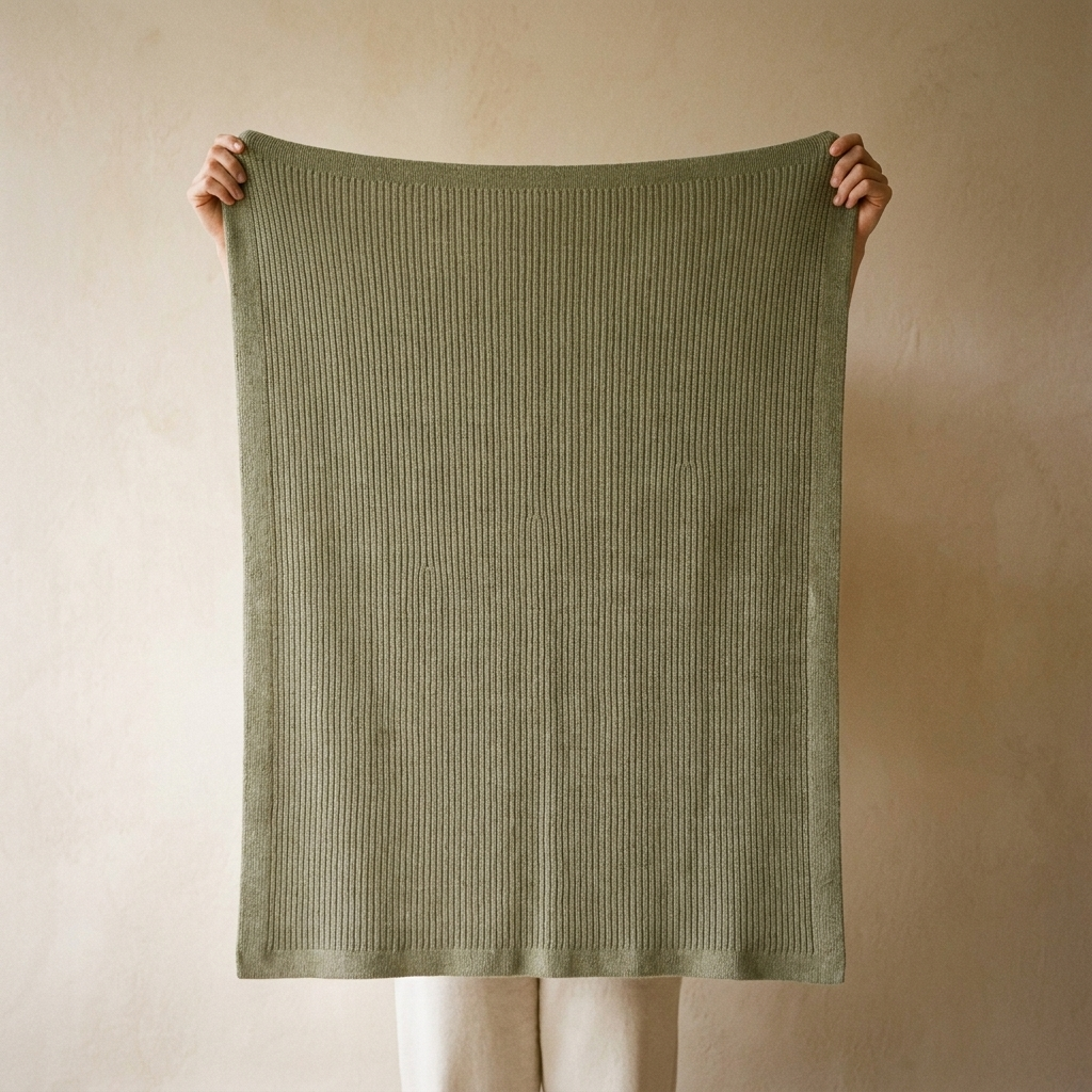 Sage Green Ribbed Throw Blanket – held up to show full size