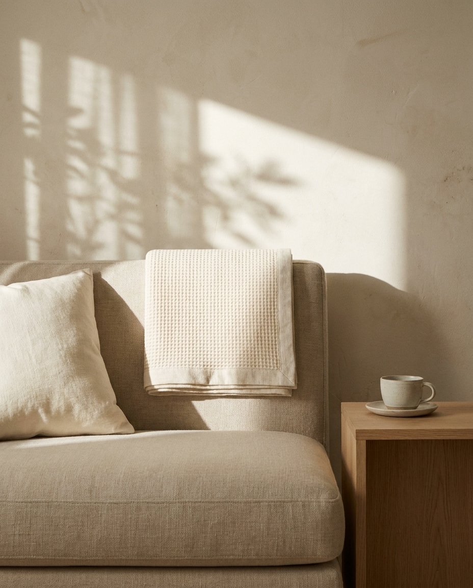 Japanese Style Cotton Waffle Throw – in a living room