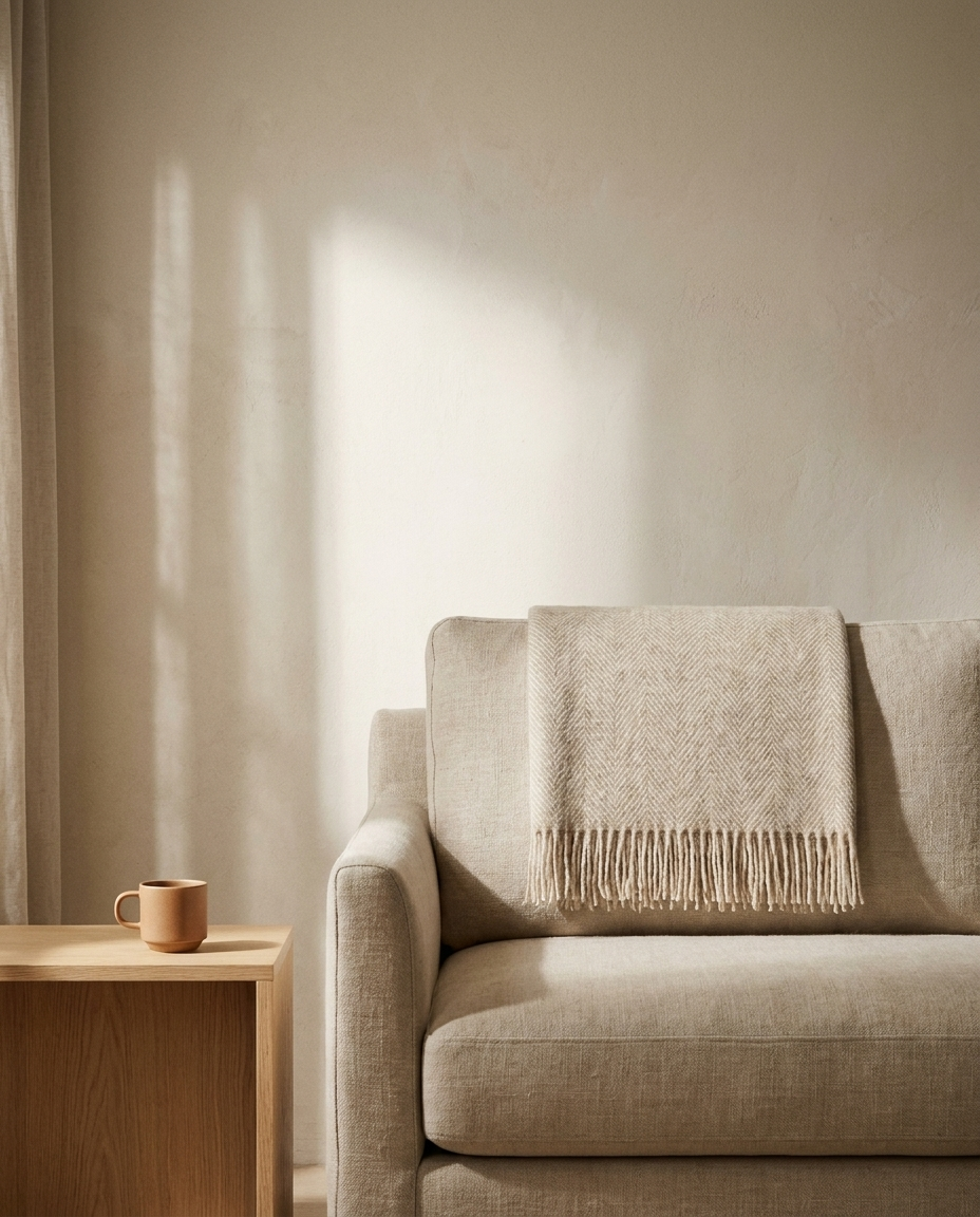 Herringbone Faux Cashmere Fringe Throw – in the room