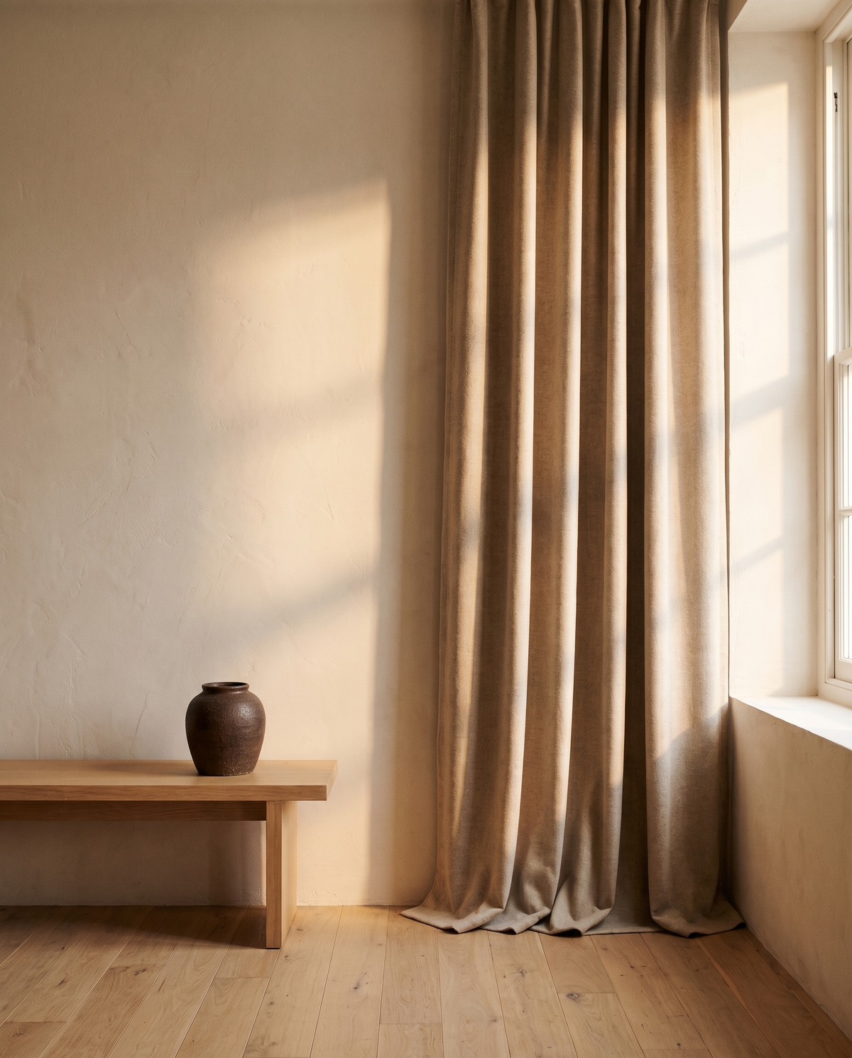 Wool Velvet Blackout Curtains, Beige – in the room