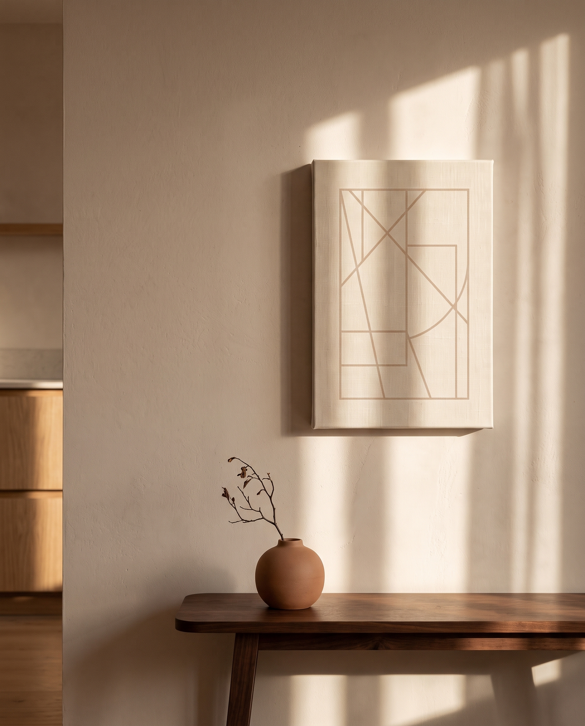 Minimalist Geometric Beige Line Art Canvas – in the room